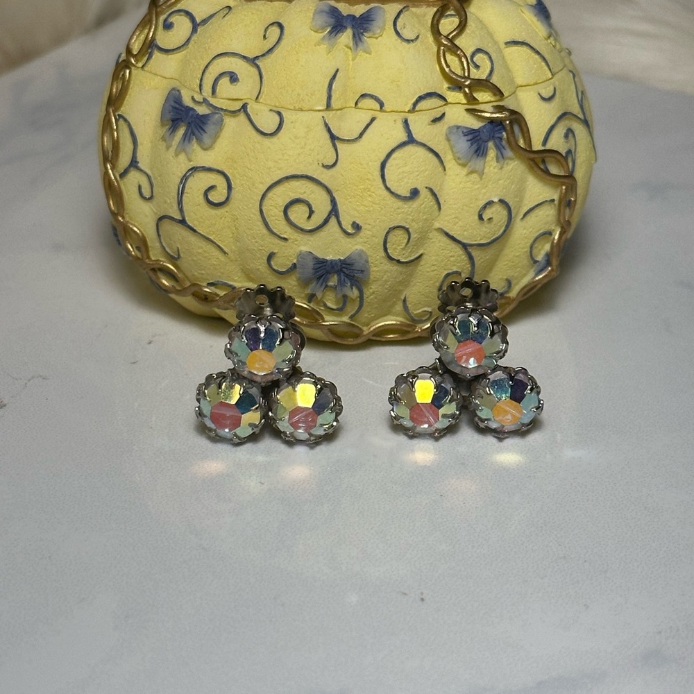 Golden Sparkle Crystal Bead Cluster Earrings Clip On
